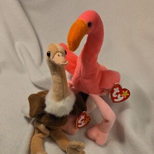 Pinky Pink Flamingo 1995 + Stretch The Ostrich 1997 Vintage Ty Beanie Babies Duo
